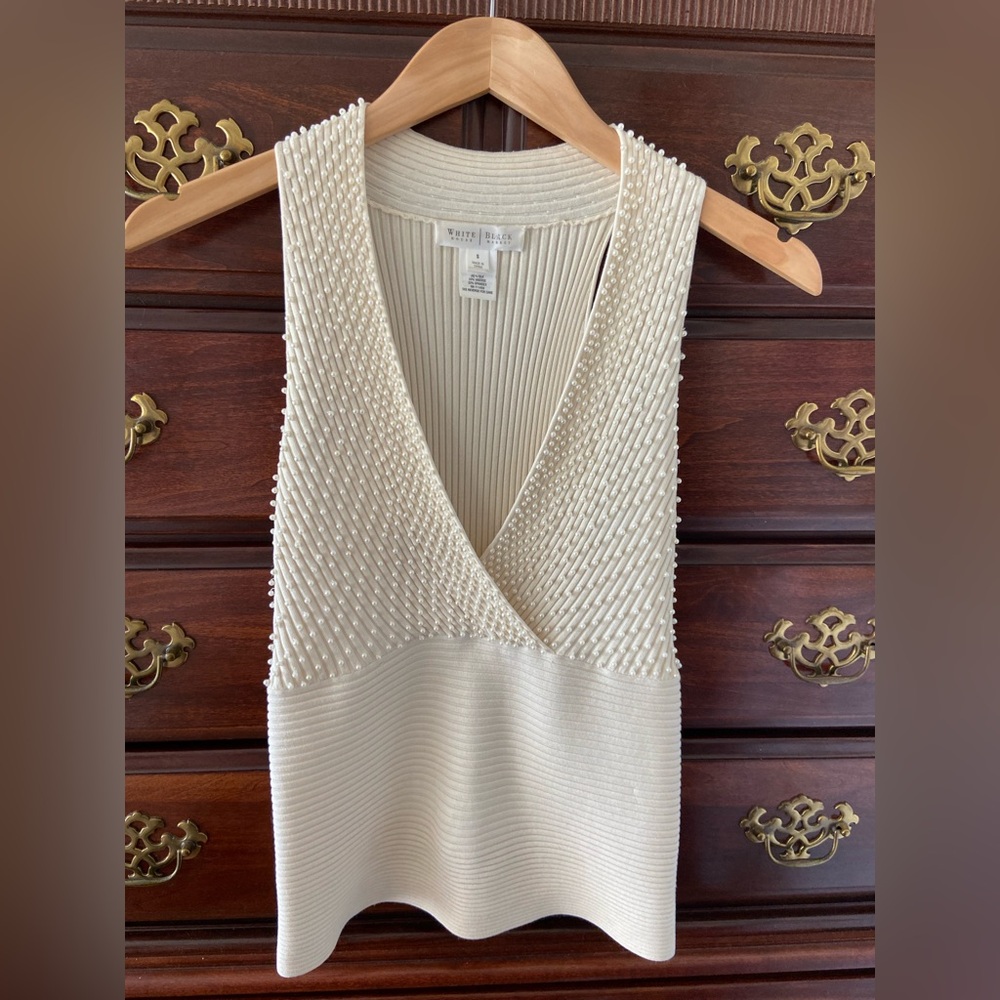 White House Black Market Cream Textured V-Neck Top